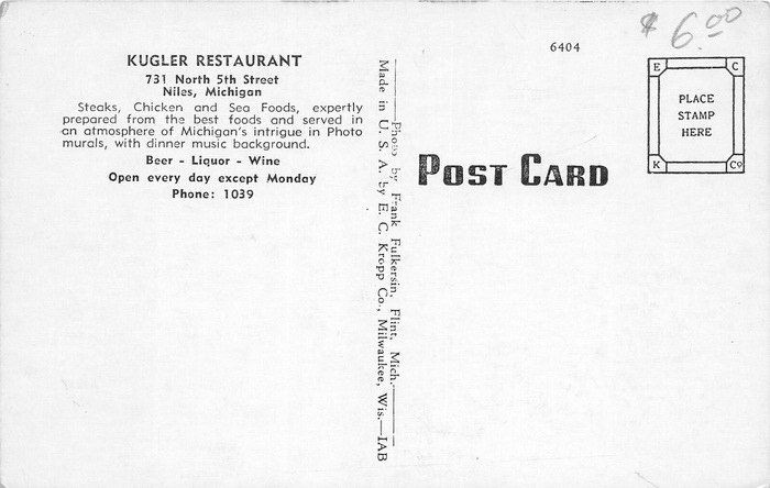 Kugler Restaurant - Postcard Back (newer photo)
